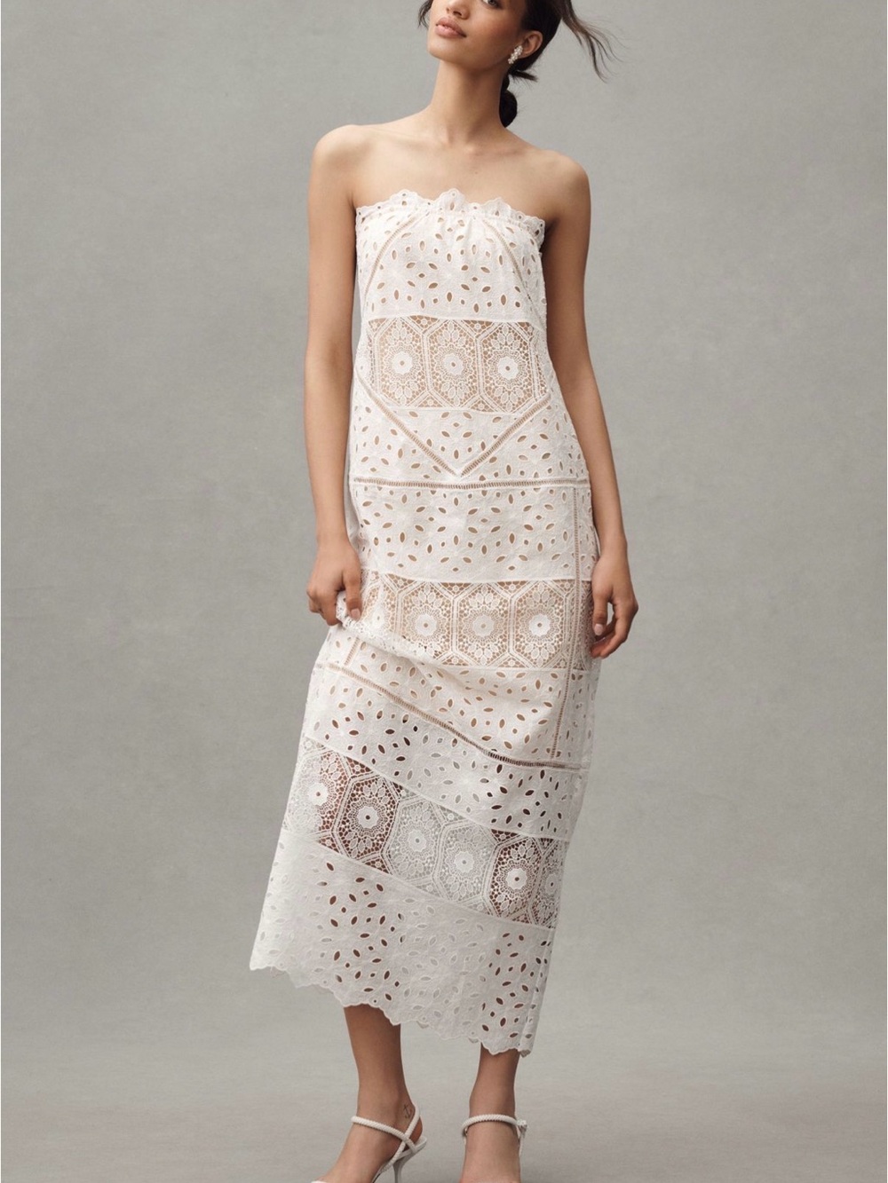 BHLDN Strapless Eyelet Lace Midi Dress in Cream